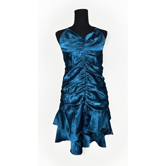 Urban Girl Nites Dresses & Skirts - VTG 80s Teal Satin Ruched Halter Ruffle Mini Dress Size 8 Medium Spring Formal